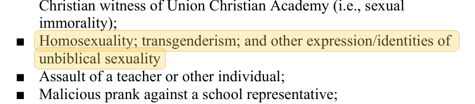 Highlighted excerpt from Union Christian Academy handbook