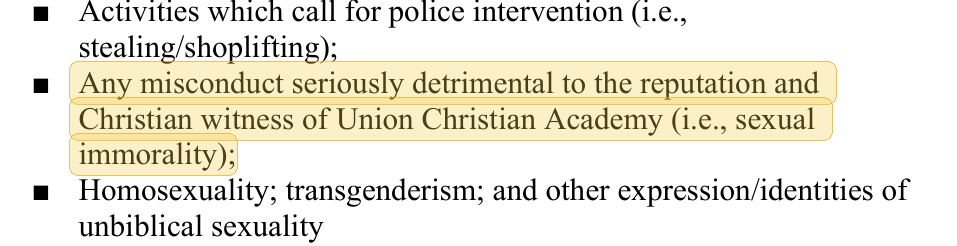 Highlighted excerpt from Union Christian Academy handbook