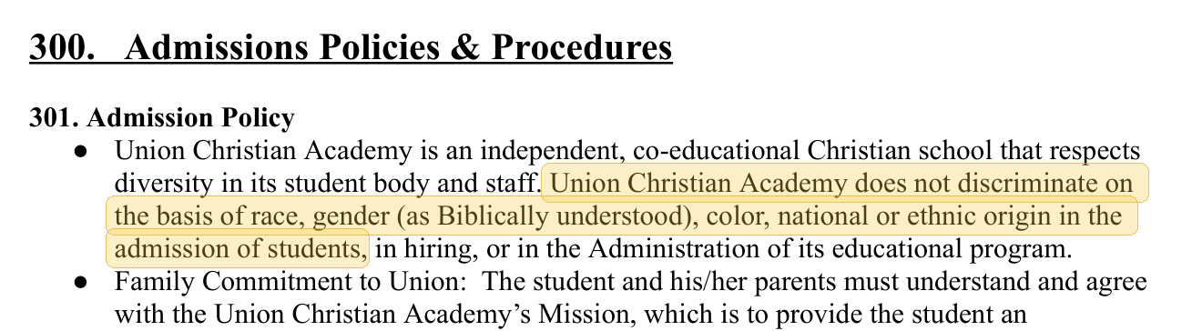 Highlighted excerpt from Union Christian Academy handbook