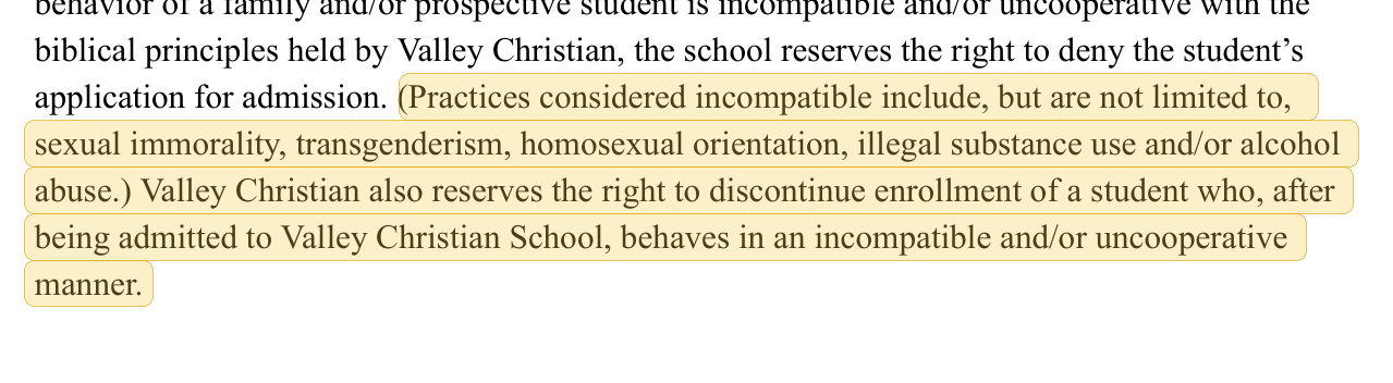 Highlighted excerpt from Valley Christian Academy handbook