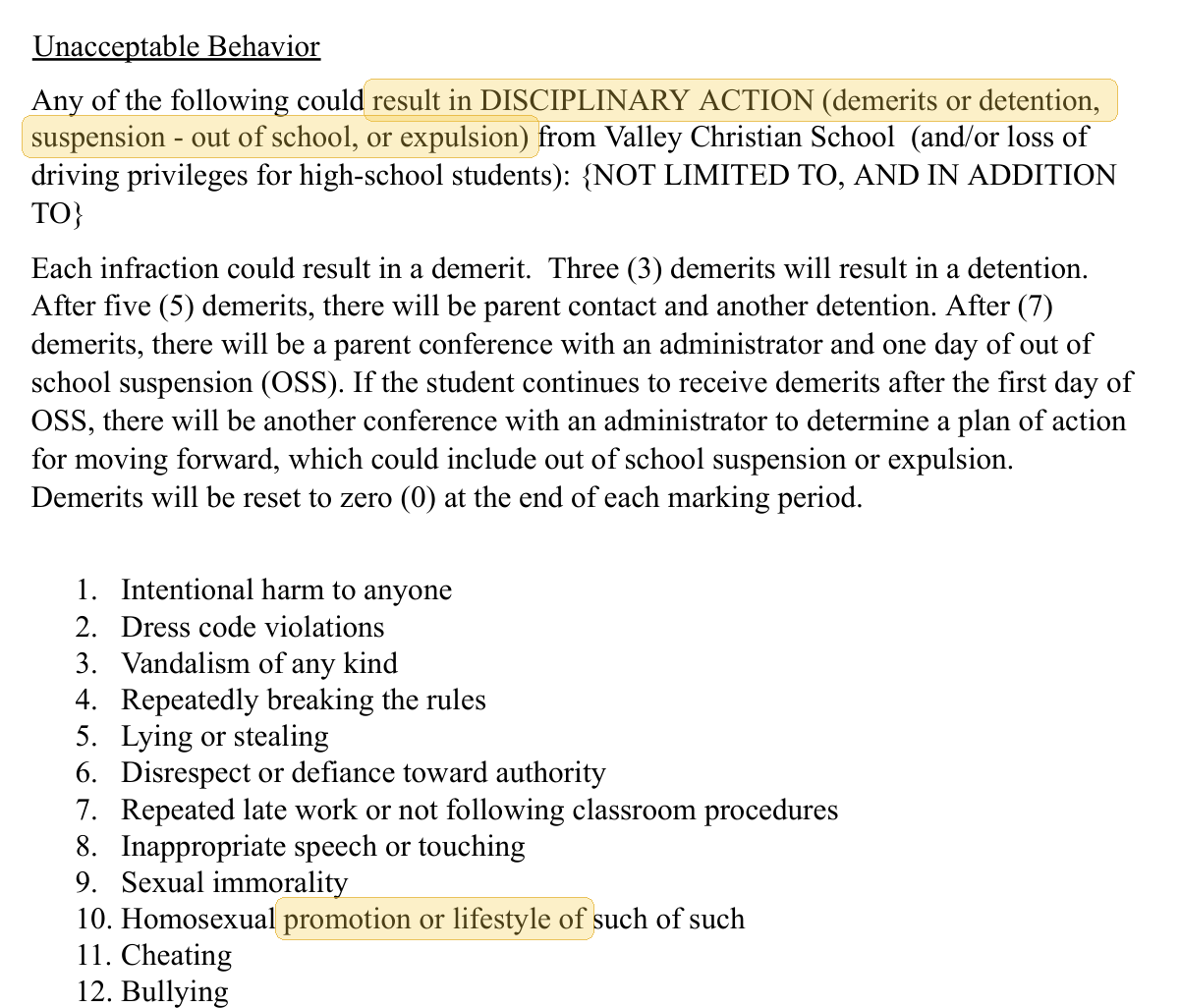 Highlighted excerpt from Valley Christian Academy handbook