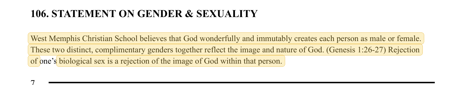 Highlighted excerpt from West Memphis Christian School handbook