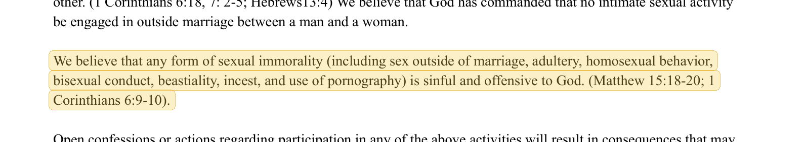 Highlighted excerpt from West Memphis Christian School handbook