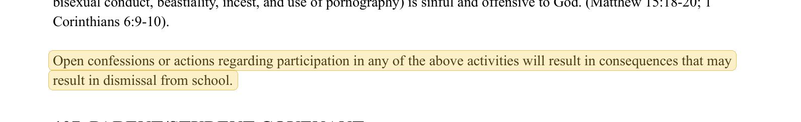 Highlighted excerpt from West Memphis Christian School handbook