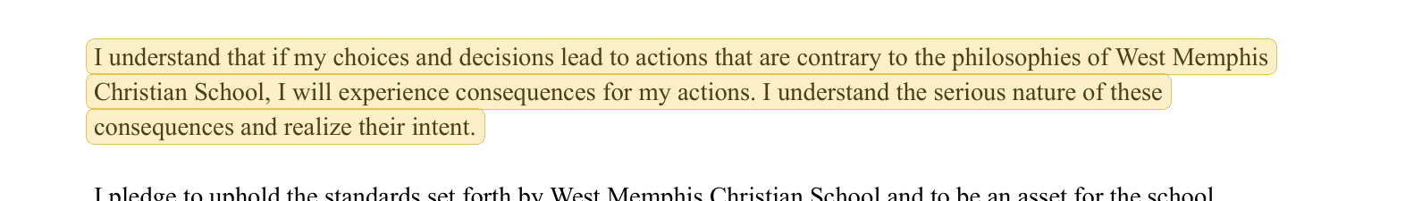 Highlighted excerpt from West Memphis Christian School handbook