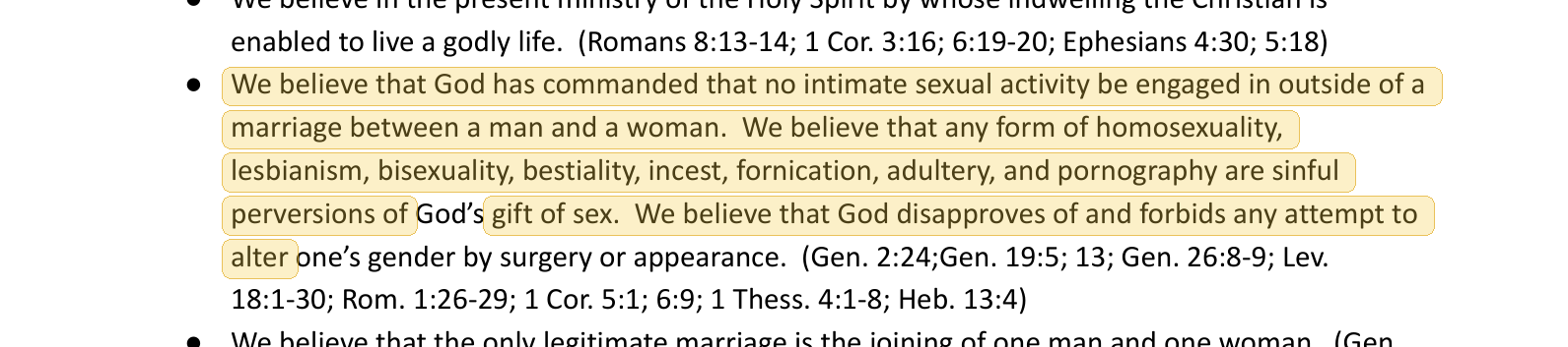 Highlighted excerpt from West Side Christian School handbook