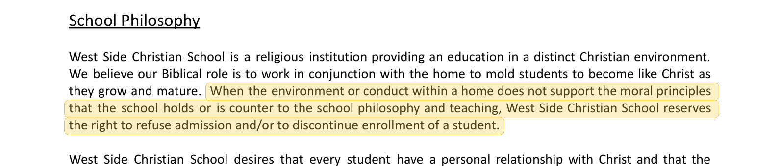 Highlighted excerpt from West Side Christian School handbook
